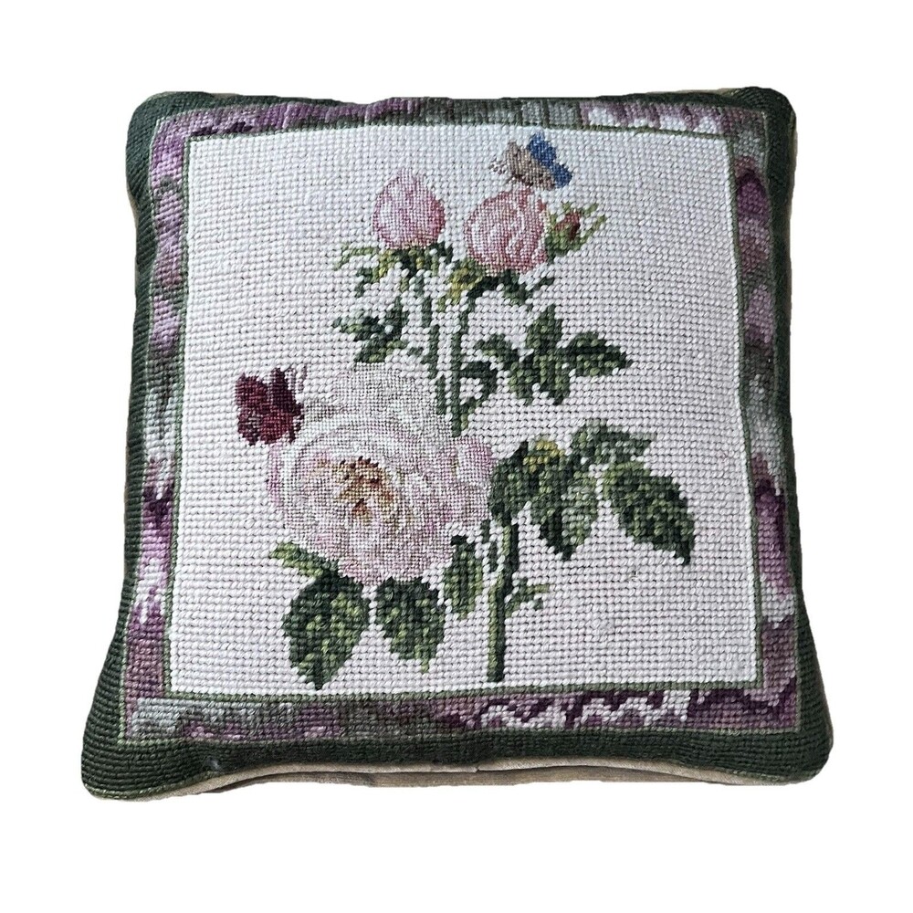 Vintage Wool Needlepoint Pillow Pink Roses Bouquet 12" x 12" Tan Velvet Back